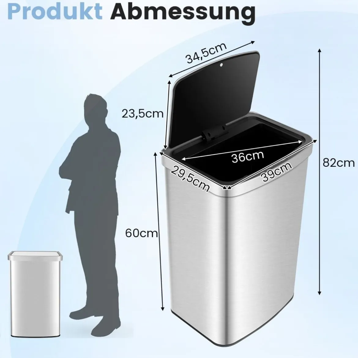 50L Mülleimer mit Sensor & Deckel Automatischer Abfalleimer aus Edelstahl & Kunststoff
