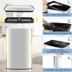 50L Mülleimer mit Sensor & Deckel Automatischer Abfalleimer aus Edelstahl & Kunststoff
