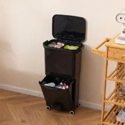 36 L Mülltonne Abfalleimer mit 2 herausnehmbaren Behältern kippbarem Abteil & Müllklassifizierungs-Aufklebern Schwarz