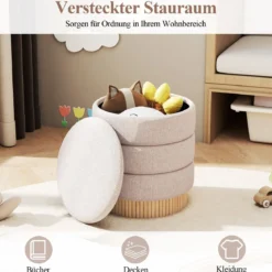 355 L Moderner runder Hocker mit stauraum Chenille Sitzhocker mit abnehmbarem Deckel Beige