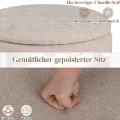 355 L Moderner runder Hocker mit stauraum Chenille Sitzhocker mit abnehmbarem Deckel Beige