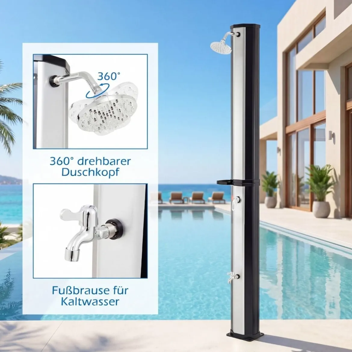 60L Solardusche inkl. Abdeckung Gartendusche mit Ablage Warmes Wasser Pooldusche Schwarz + Silber