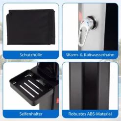 60L Solardusche inkl. Abdeckung Gartendusche mit Ablage Warmes Wasser Pooldusche Schwarz + Silber