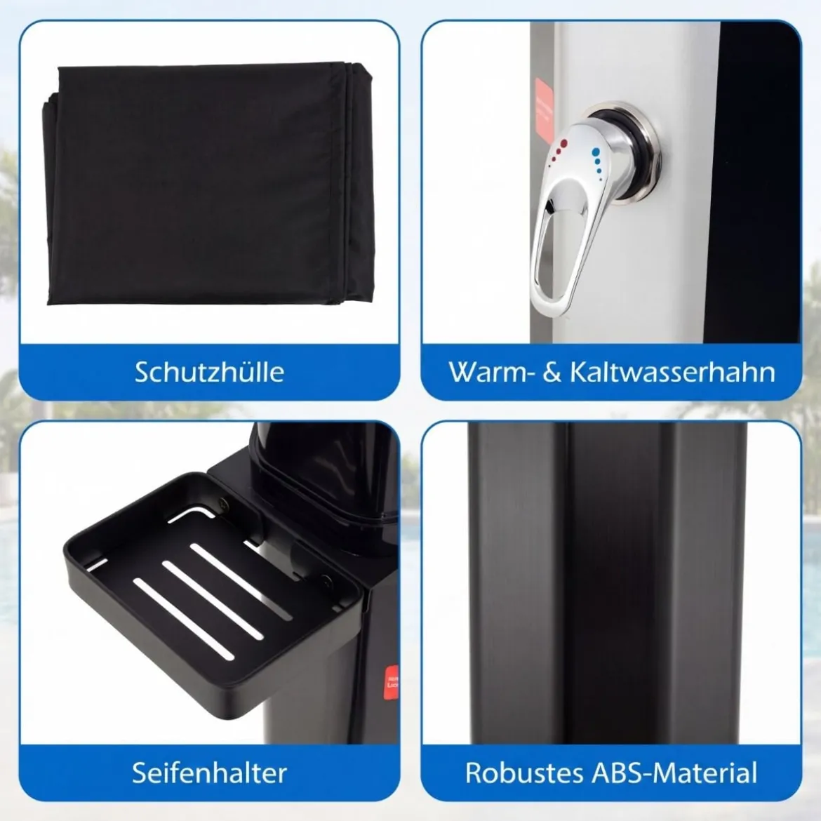 60L Solardusche inkl. Abdeckung Gartendusche mit Ablage Warmes Wasser Pooldusche Schwarz + Silber