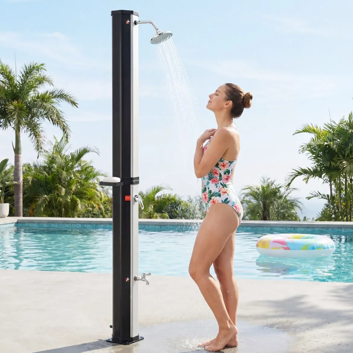 60L Solardusche inkl. Abdeckung Gartendusche mit Ablage Warmes Wasser Pooldusche Schwarz + Silber