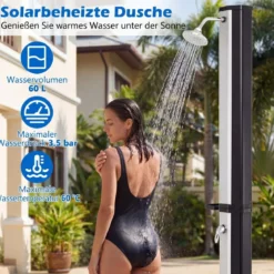 60L Solardusche inkl. Abdeckung Gartendusche mit Ablage Warmes Wasser Pooldusche Schwarz + Silber