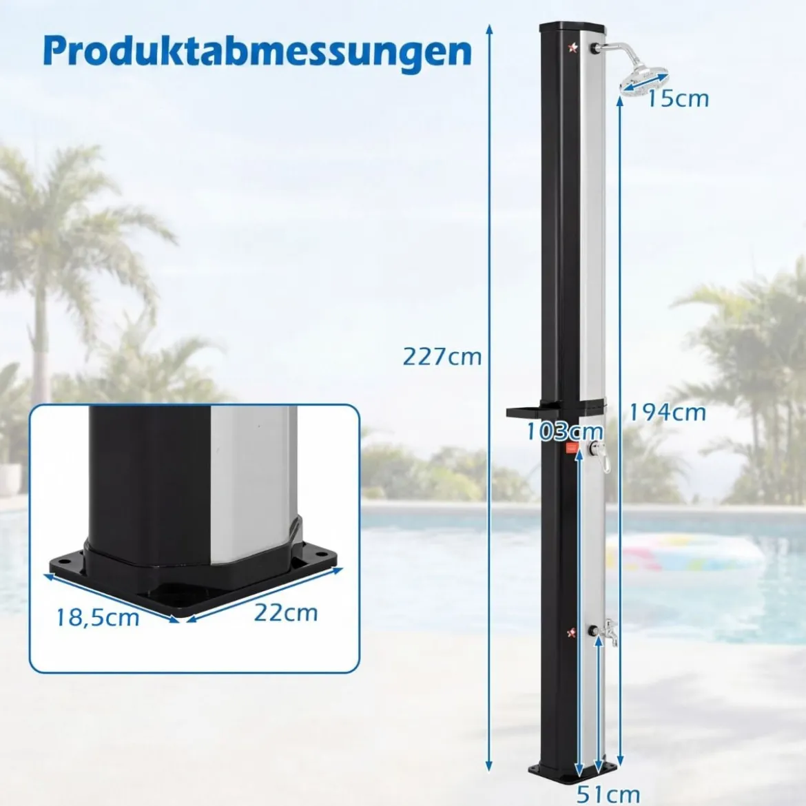 60L Solardusche inkl. Abdeckung Gartendusche mit Ablage Warmes Wasser Pooldusche Schwarz + Silber