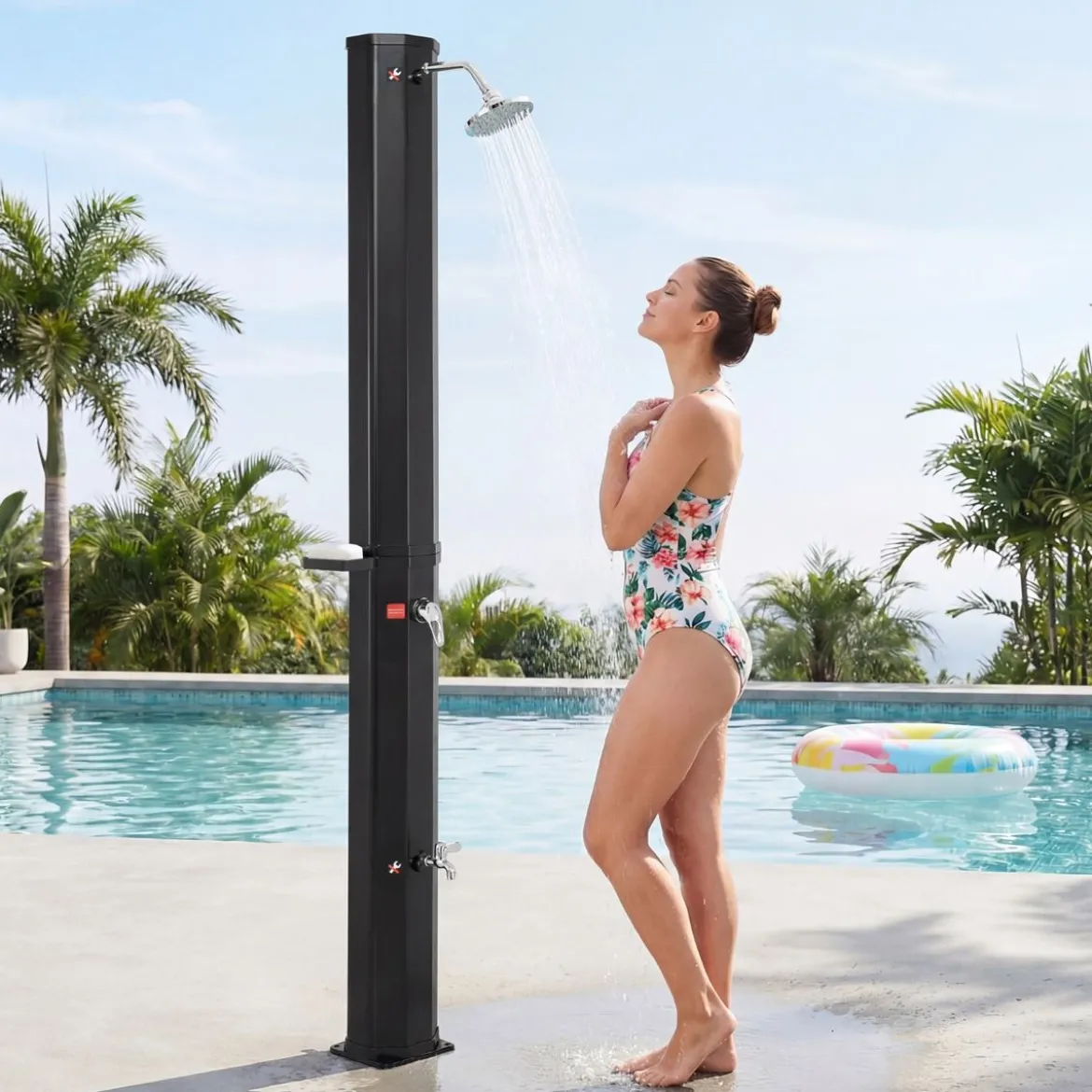 60L Solardusche inkl. Abdeckung Gartendusche mit Ablage Warmes Wasser Pooldusche Schwarz