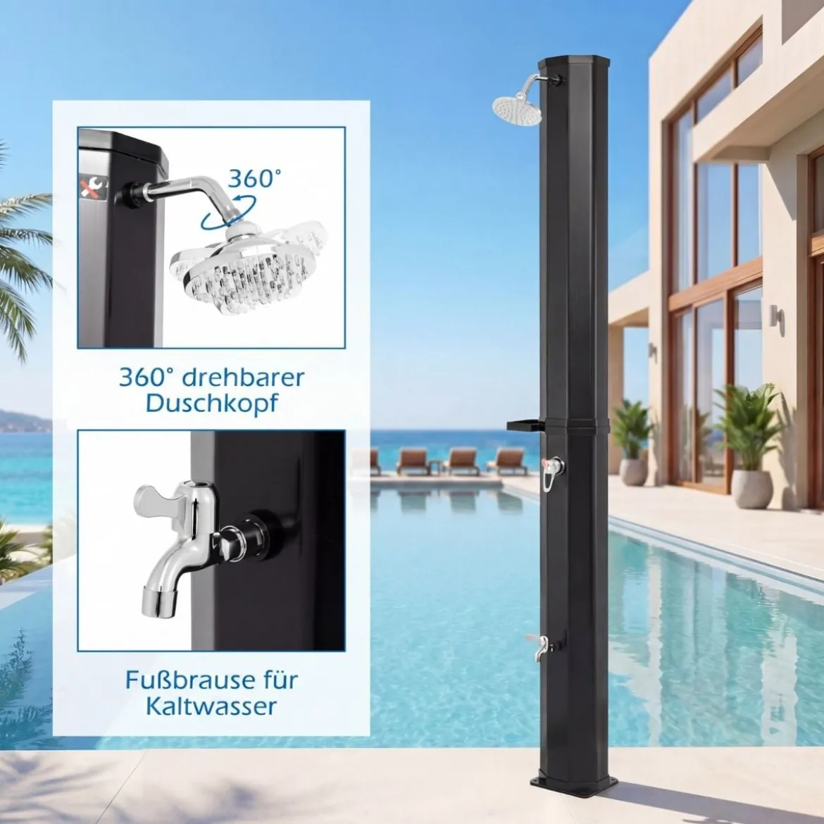 60L Solardusche inkl. Abdeckung Gartendusche mit Ablage Warmes Wasser Pooldusche Schwarz