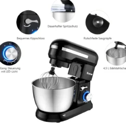 4,5 L Standmixer, 8-Gang-Küchenmaschine multifunktionaler elektrischer Küchenmixer mit Knethaken Schwarz