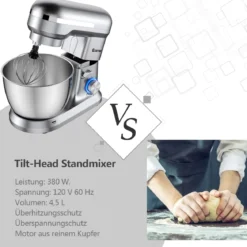 4,5 L Standmixer mit kippbarem Kopf multifunktionaler elektrischer Küchenmixer 34 x 18,5 x 32 cm Silber