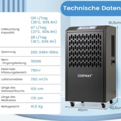 118 L/Tag Bautrockner mit Ablaufschlauch & 24H Timer & 4 Rädern Kommerzieller Luftentfeuchter