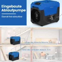 66 L/Tag Elektrischer Luftentfeuchter mit Ablaufschlauch & Pumpe Industrieller Bautrockner Blau