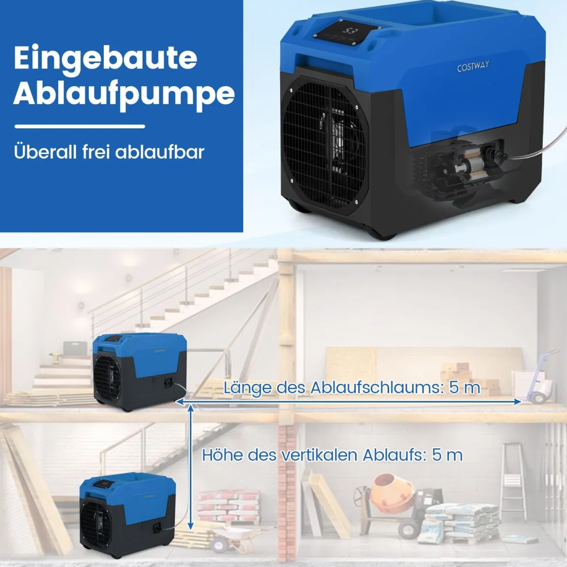 66 L/Tag Elektrischer Luftentfeuchter mit Ablaufschlauch & Pumpe Industrieller Bautrockner Blau