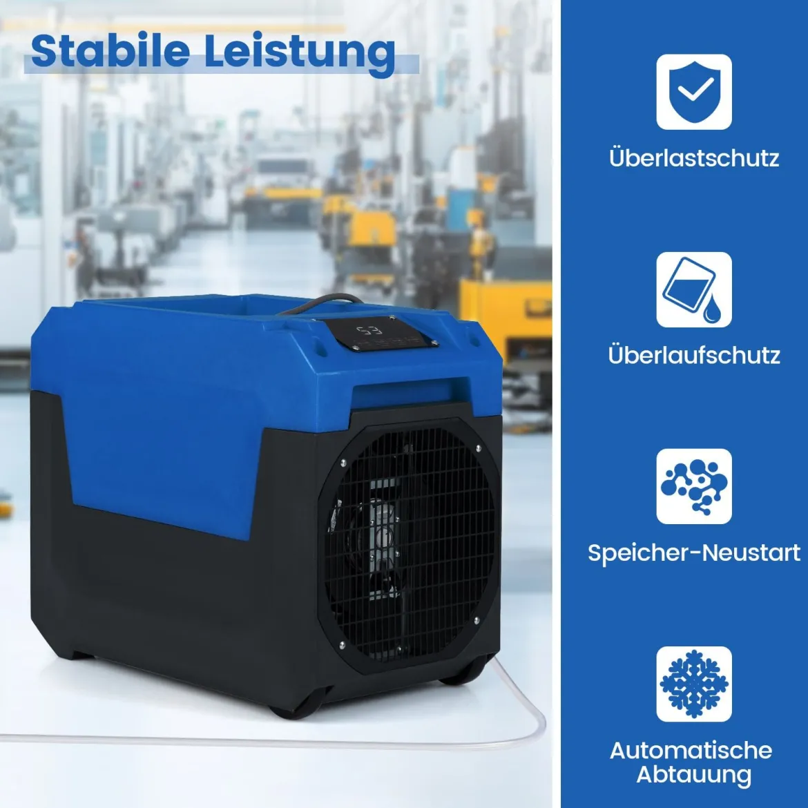 66 L/Tag Elektrischer Luftentfeuchter mit Ablaufschlauch & Pumpe Industrieller Bautrockner Blau