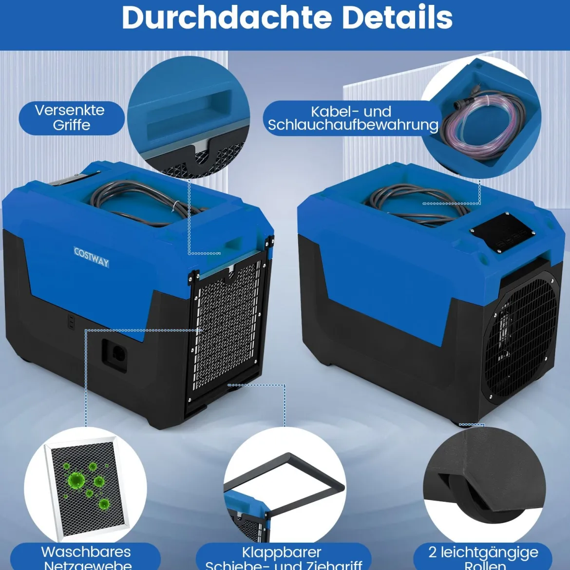 66 L/Tag Elektrischer Luftentfeuchter mit Ablaufschlauch & Pumpe Industrieller Bautrockner Blau