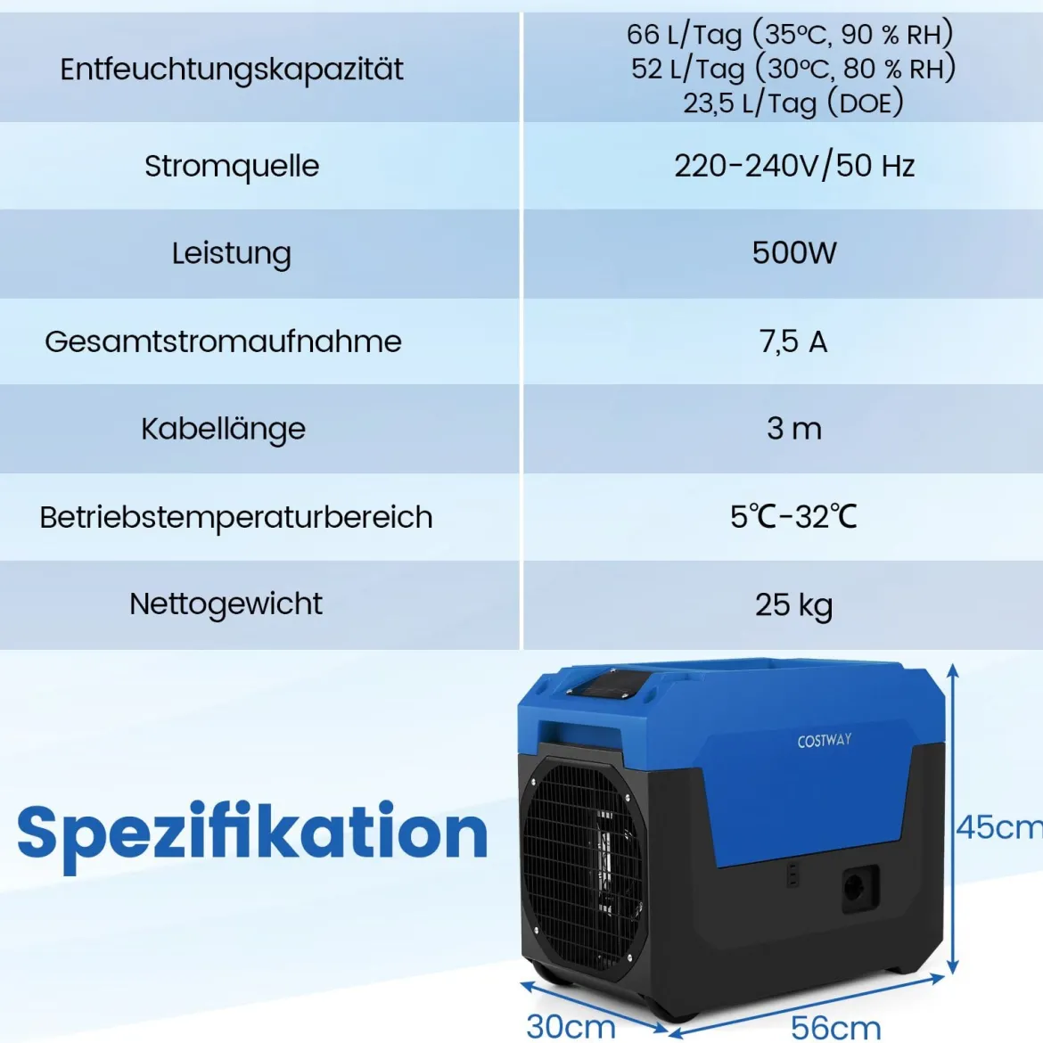 66 L/Tag Elektrischer Luftentfeuchter mit Ablaufschlauch & Pumpe Industrieller Bautrockner Blau