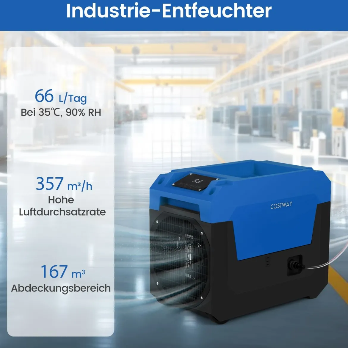 66 L/Tag Elektrischer Luftentfeuchter mit Ablaufschlauch & Pumpe Industrieller Bautrockner Blau