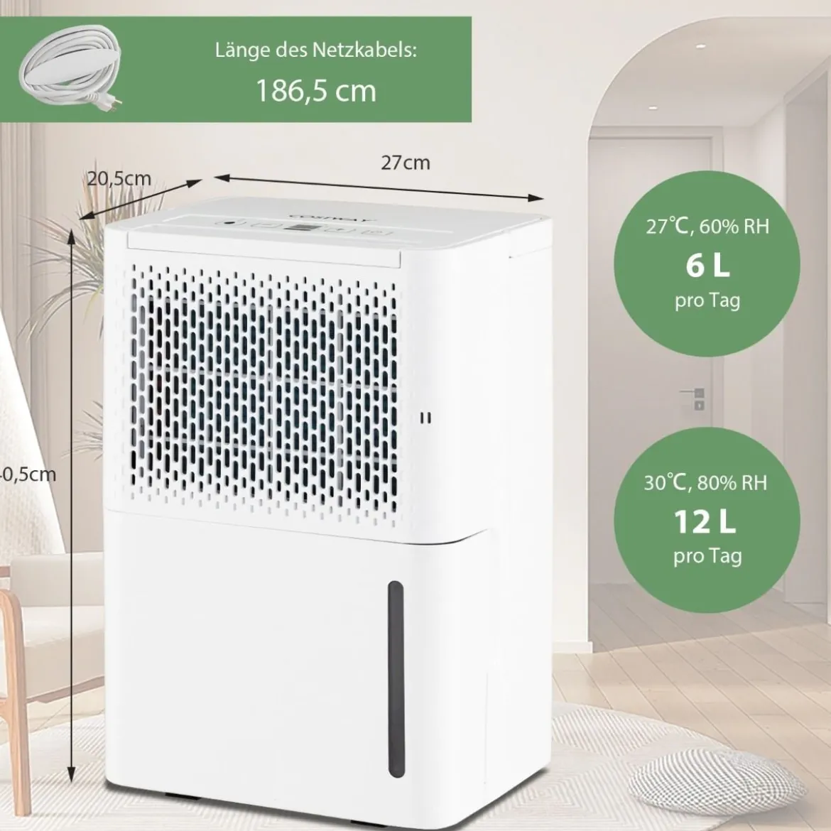 12L/Tag Luftentfeuchter mit 24H Timer & 2,2L Wassertankleise für Räume 10-15 m²