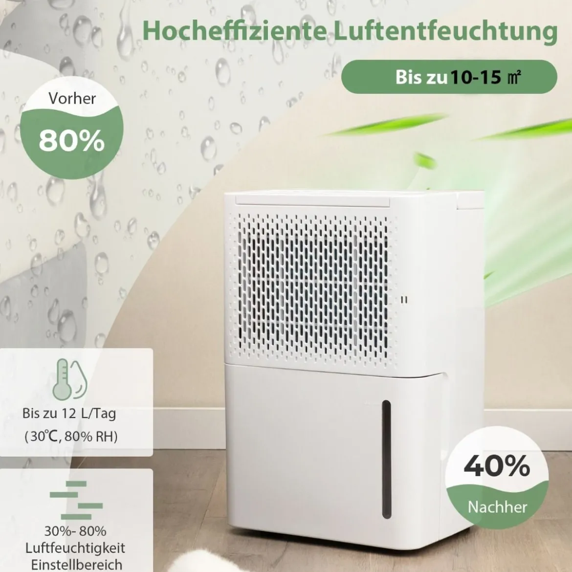 12L/Tag Luftentfeuchter mit 24H Timer & 2,2L Wassertankleise für Räume 10-15 m²
