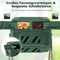 160L Trommel-Komposter Gartenkomposter Doppelkammer 360° drehbar 70 x 63 x 93 cm Grün