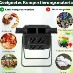 160L Trommel-Komposter Gartenkomposter Doppelkammer 360° drehbar 70 x 63 x 93 cm Schwarz