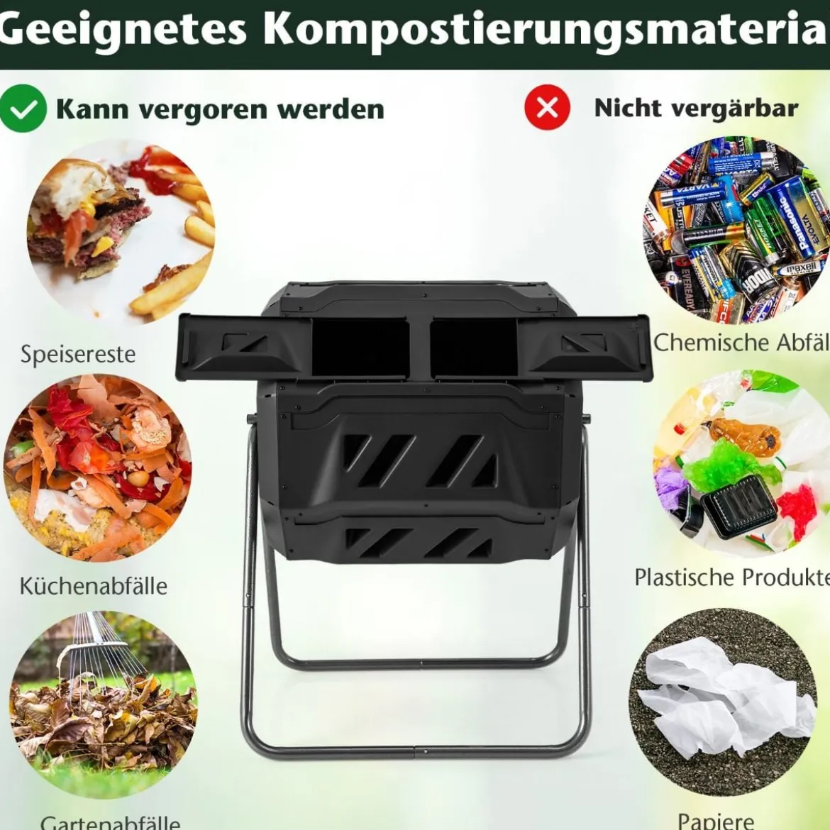 160L Trommel-Komposter Gartenkomposter Doppelkammer 360° drehbar 70 x 63 x 93 cm Schwarz
