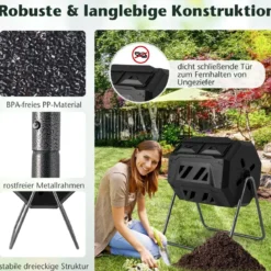 160L Trommel-Komposter Gartenkomposter Doppelkammer 360° drehbar 70 x 63 x 93 cm Schwarz