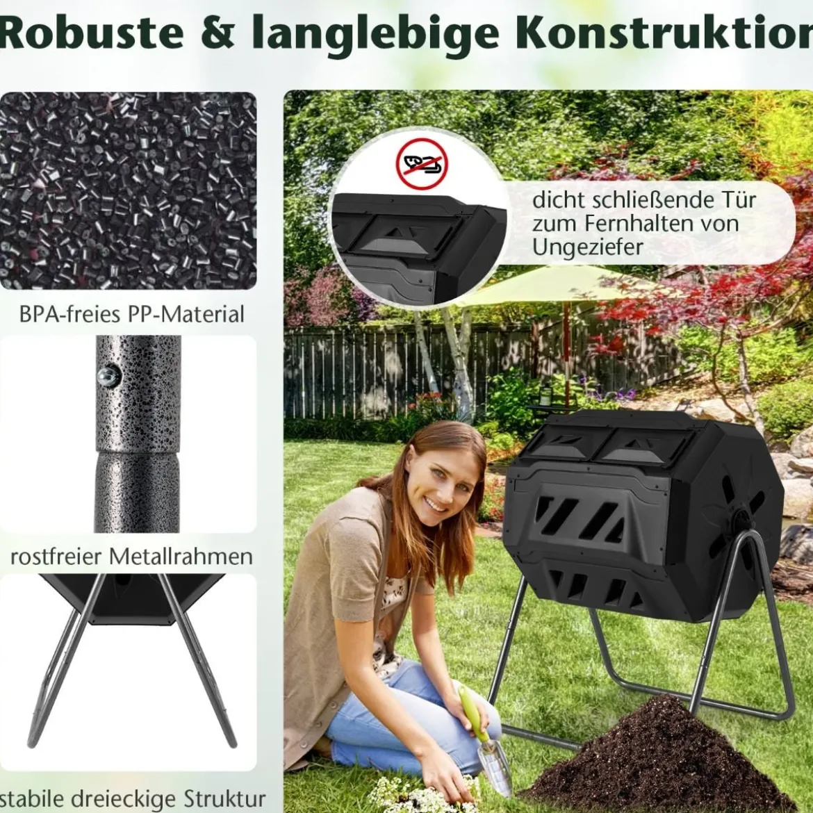 160L Trommel-Komposter Gartenkomposter Doppelkammer 360° drehbar 70 x 63 x 93 cm Schwarz