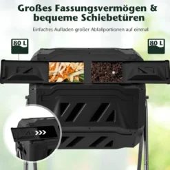 160L Trommel-Komposter Gartenkomposter Doppelkammer 360° drehbar 70 x 63 x 93 cm Schwarz