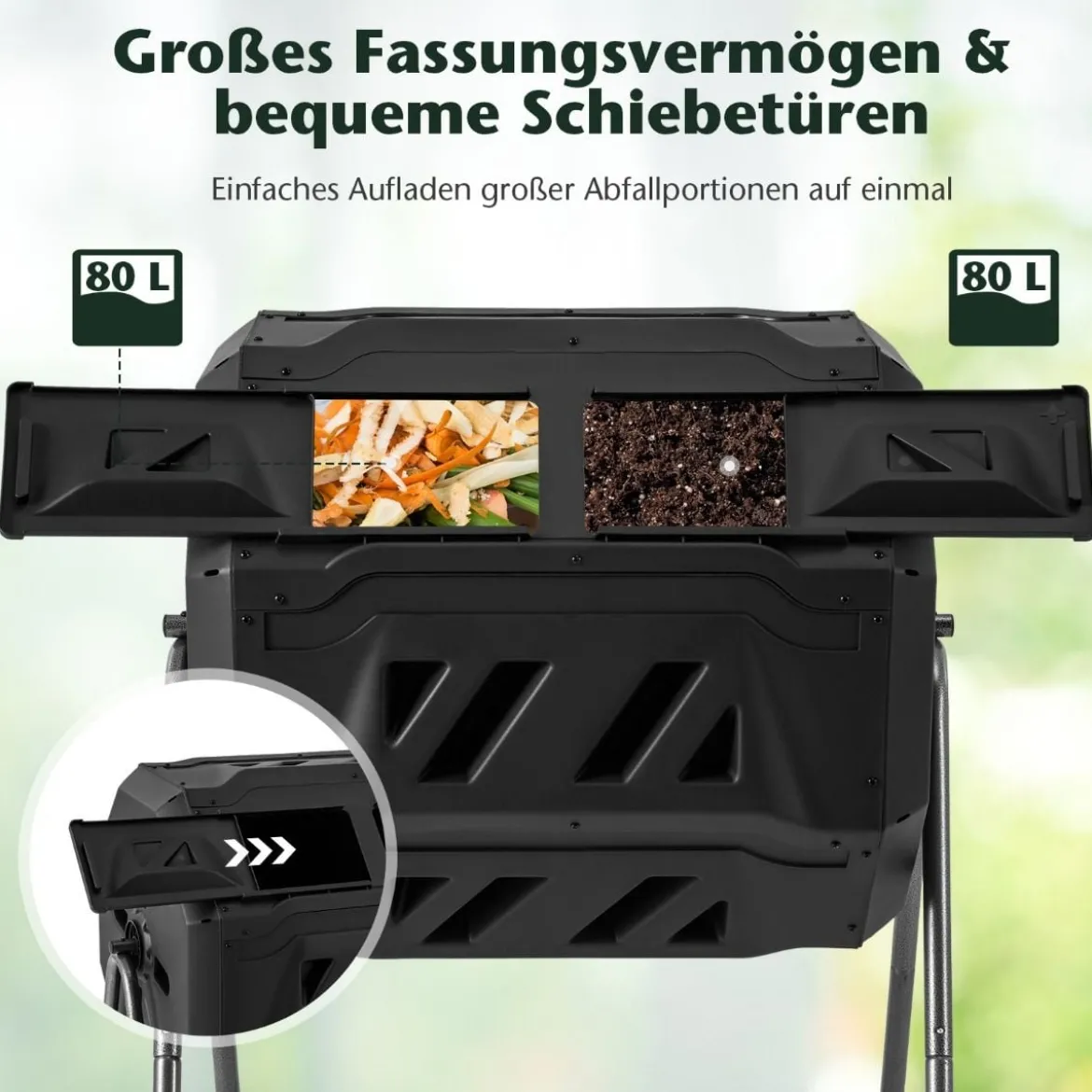 160L Trommel-Komposter Gartenkomposter Doppelkammer 360° drehbar 70 x 63 x 93 cm Schwarz