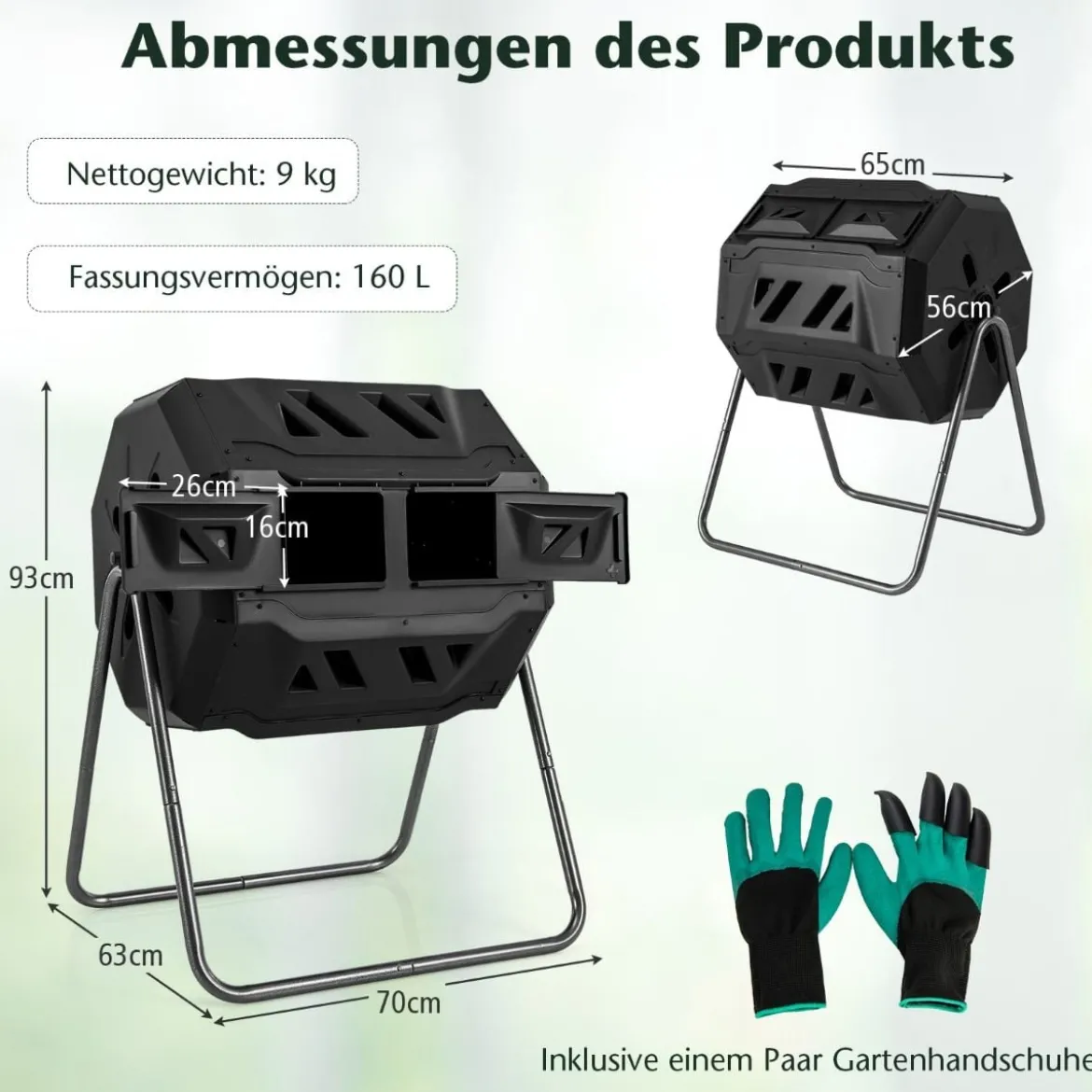 160L Trommel-Komposter Gartenkomposter Doppelkammer 360° drehbar 70 x 63 x 93 cm Schwarz