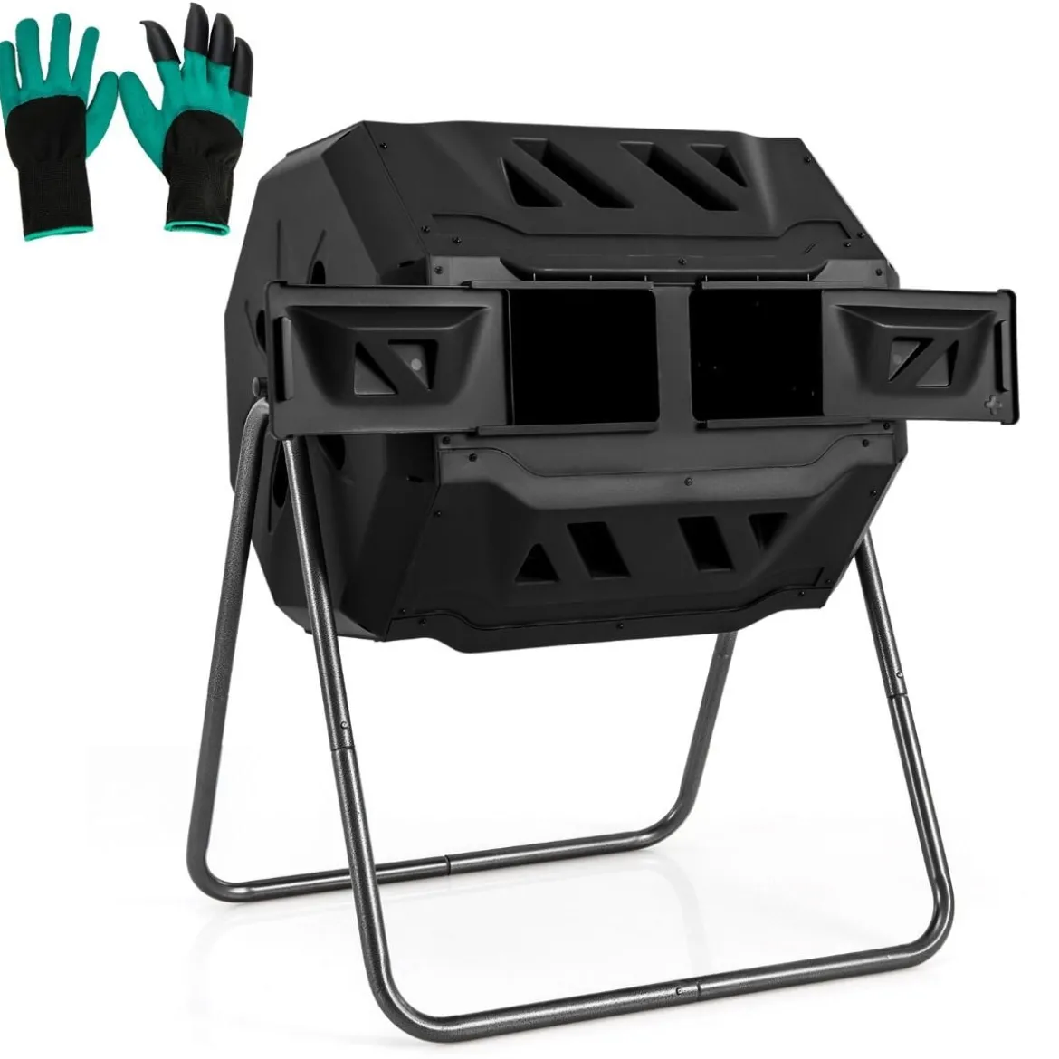 160L Trommel-Komposter Gartenkomposter Doppelkammer 360° drehbar 70 x 63 x 93 cm Schwarz