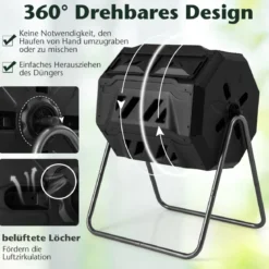 160L Trommel-Komposter Gartenkomposter Doppelkammer 360° drehbar 70 x 63 x 93 cm Schwarz