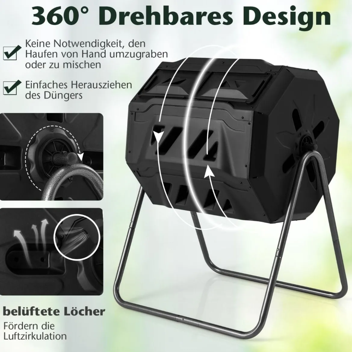 160L Trommel-Komposter Gartenkomposter Doppelkammer 360° drehbar 70 x 63 x 93 cm Schwarz