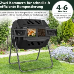 160L Trommel-Komposter Gartenkomposter Doppelkammer 360° drehbar 70 x 63 x 93 cm Schwarz
