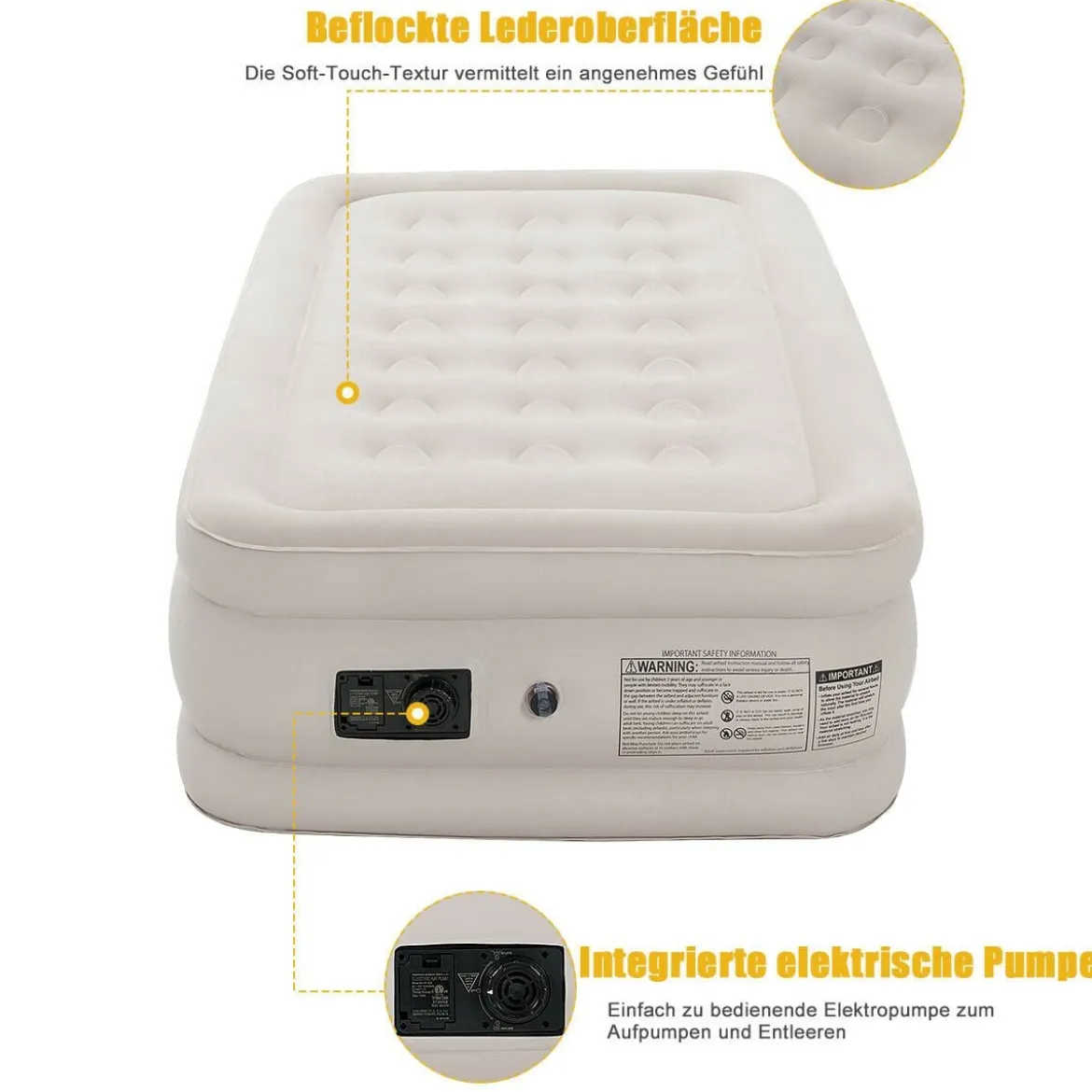 Luftbett elektrischer Pumpe Luftmatratze selbstaufblasend Gästebett Reisebett Beige 203 x 90 x 46cm
