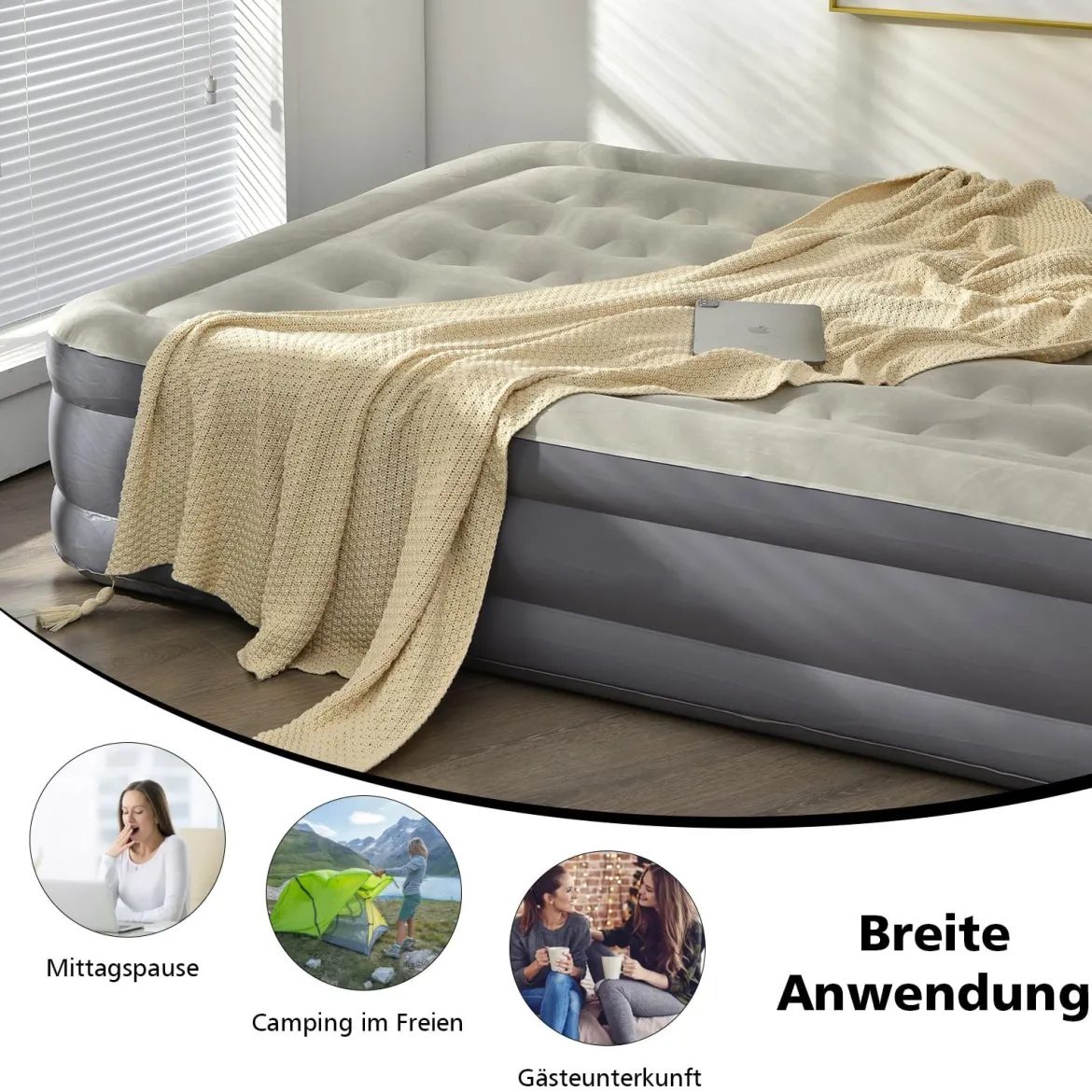 Luftbett Queen-Size Luftmatratze erhöhte Luftmatratze 195 x 150 x 35 cm Grau