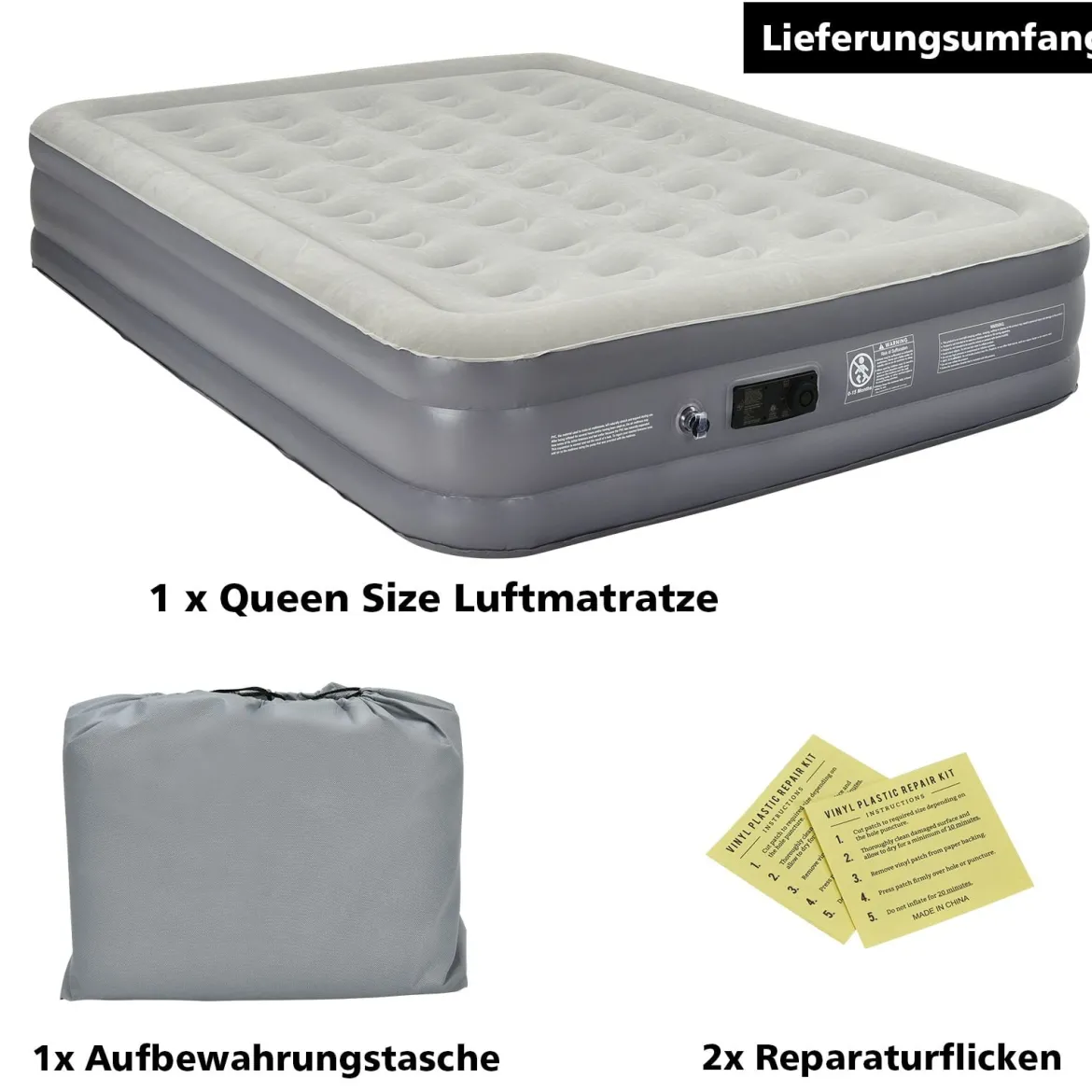 Luftbett Queen-Size Luftmatratze erhöhte Luftmatratze 195 x 150 x 35 cm Grau