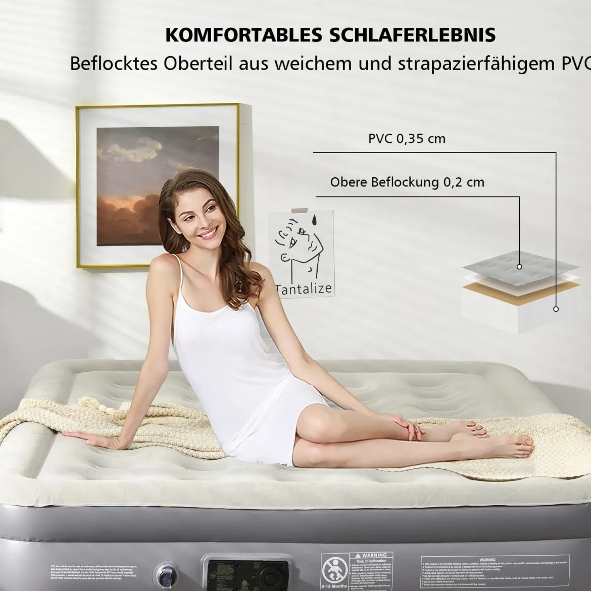 Luftbett Queen-Size Luftmatratze erhöhte Luftmatratze 195 x 150 x 35 cm Grau