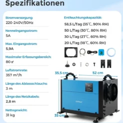 Luftentfeuchter mit 3 Modi & 24H Timer Bautrockner hängend & freistehend 2 in 1 20-58 L/Tag Blau/Weiß