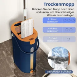 2,4L Wischmopp & Eimersystem mit Auswringfunktion mit 6er Set Wiederverwendbare Mikrofaser-Pads Blau