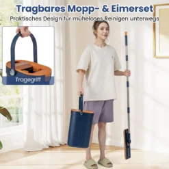 2,4L Wischmopp & Eimersystem mit Auswringfunktion mit 6er Set Wiederverwendbare Mikrofaser-Pads Blau