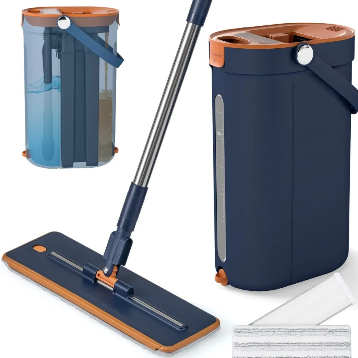 2,4L Wischmopp & Eimersystem mit Auswringfunktion mit 6er Set Wiederverwendbare Mikrofaser-Pads Blau