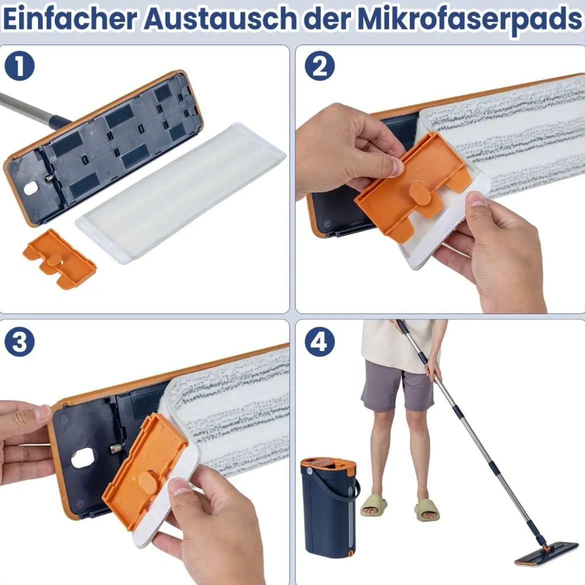 2,4L Wischmopp & Eimersystem mit Auswringfunktion mit 6er Set Wiederverwendbare Mikrofaser-Pads Blau