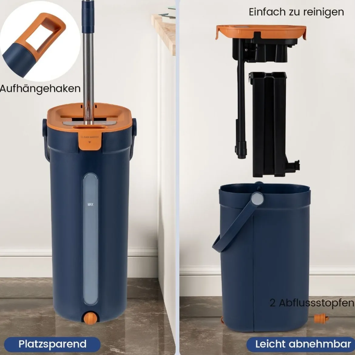 2,4L Wischmopp & Eimersystem mit Auswringfunktion mit 6er Set Wiederverwendbare Mikrofaser-Pads Blau