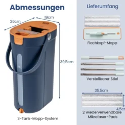 2,4L Wischmopp & Eimersystem mit Auswringfunktion mit 6er Set Wiederverwendbare Mikrofaser-Pads Blau
