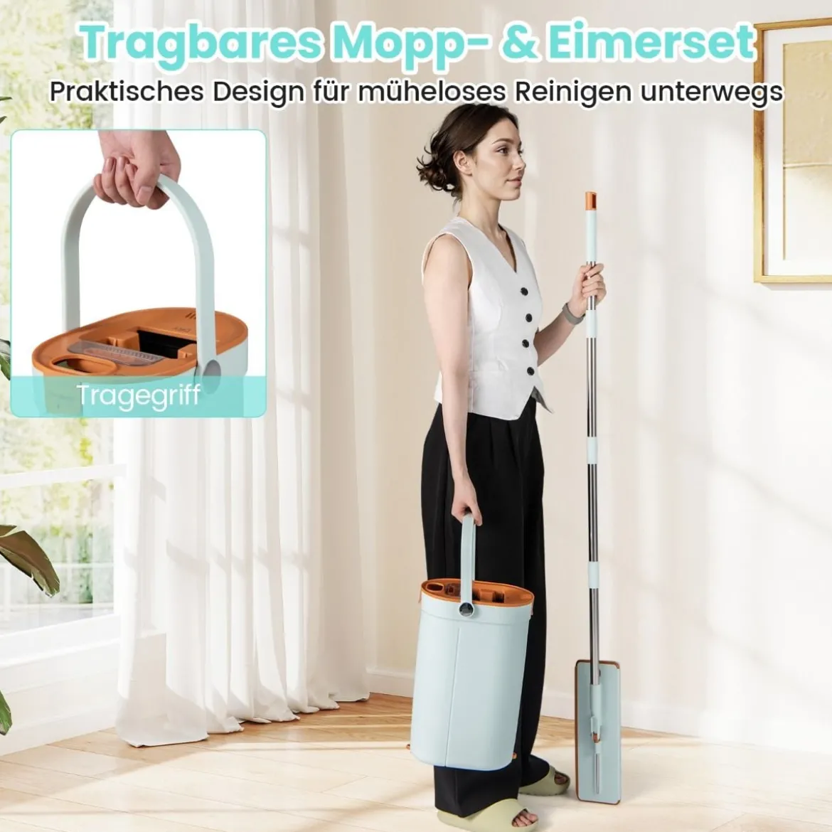 2,4L Wischmopp & Eimersystem mit Auswringfunktion & 2 Waschbaren Mikrofaser-Pads Grün