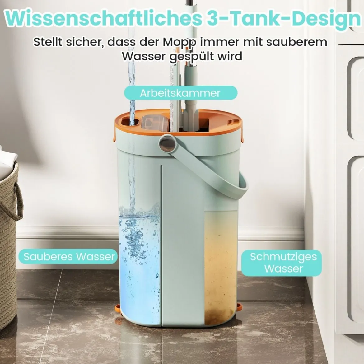 2,4L Wischmopp & Eimersystem mit Auswringfunktion & 2 Waschbaren Mikrofaser-Pads Grün