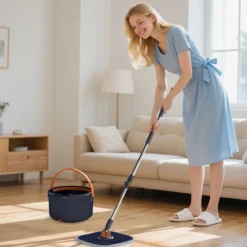 4L Wischmopp & Eimersystem mit Wringer & 360° Drehkopf Flacher Bodenwischmopp Blau